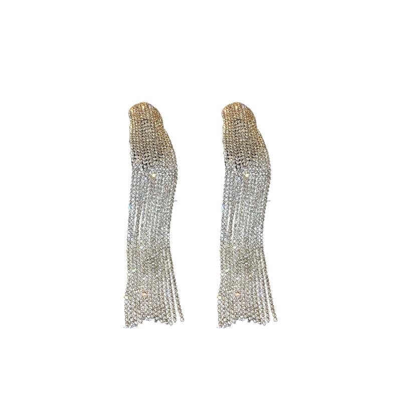 Silver needles full of diamonds, long metal fringed earrings, European and American exaggerated high-end studs, niche versatile earrings, women