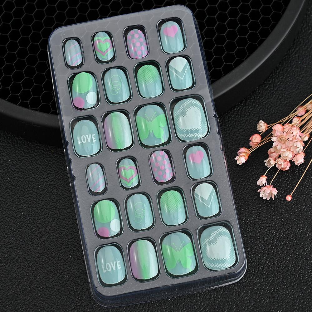 

24pcs/box Candy Kids False Nail Cartoon Full Cover Press On Fake Nails Tips Kawaii Acrylic Artificial Fingernails for Girls 01