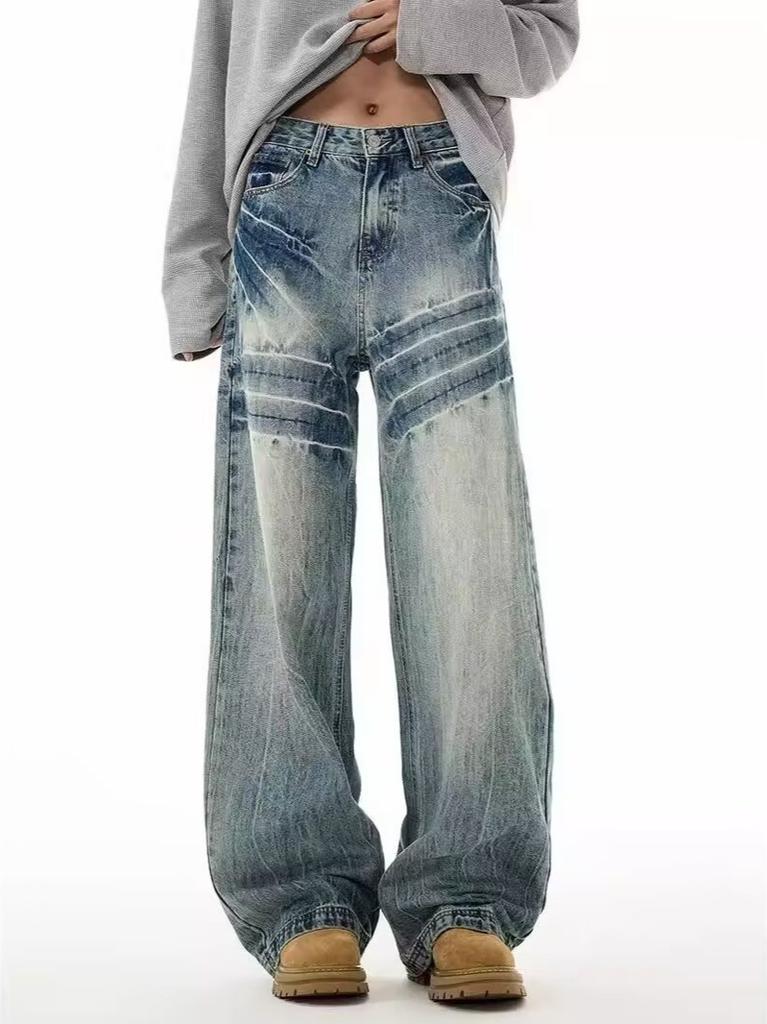 European and American hiphop fried street American washed old jeans niche design loose wide-leg pants mopping pants tide