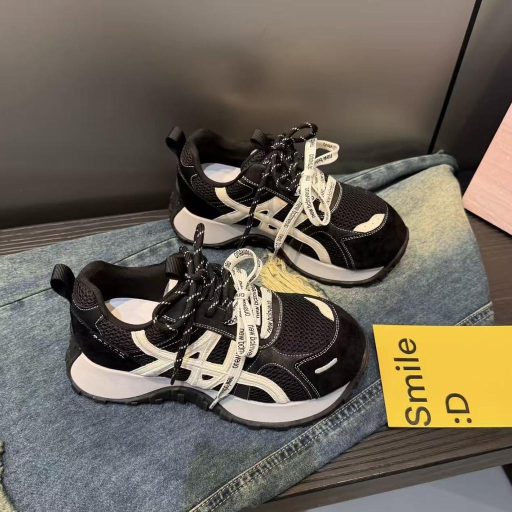 2025 New Matte Soft Leather Color Matching Lace-up Platform Muffin Small Waist Sports Shoes Dad Shoes Casual Shoes Women's Shoes