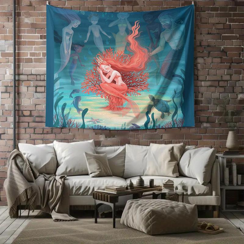 Ocean Mermaid Wall Tapestry Vintage Sea Wave Backdrop Nature Home Decor Bedroom Living Room Aesthetic Room Decor Gift