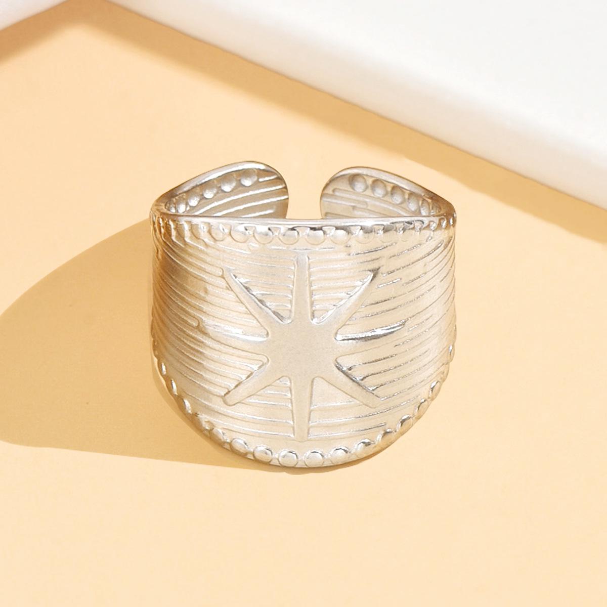 Stainless Steel Embossed Eight-Pointed Star Wide Band Ring - Retro, Heavy Feel, Adjustable.