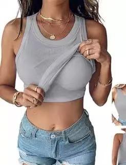 Women S Round Neck Solid Color Tank Top With Built In Bra For Summer