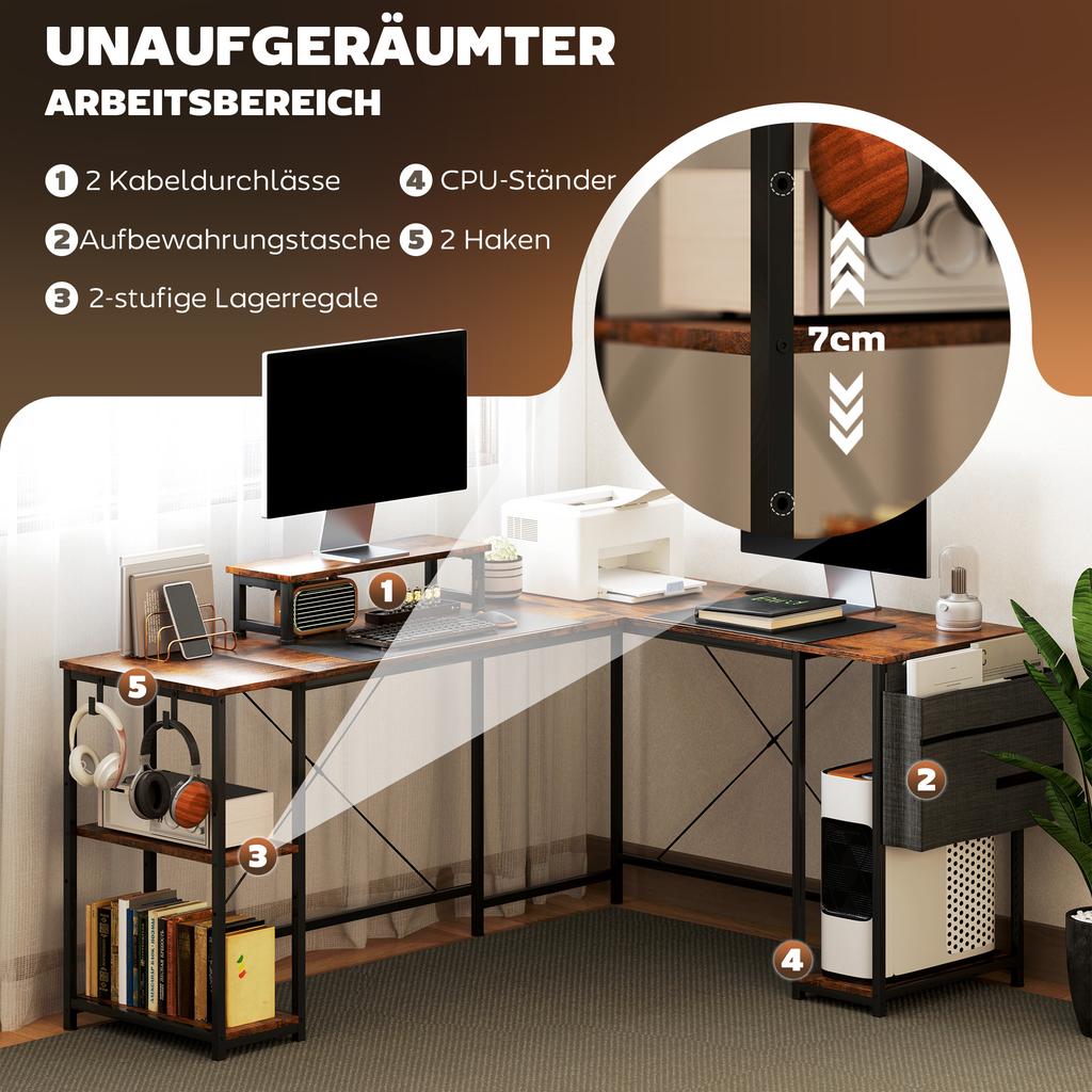 L-Shaped Desk, Versatile Office Desk with Adjustable Shelves and Storage Bag, Monitor Stand, Brown