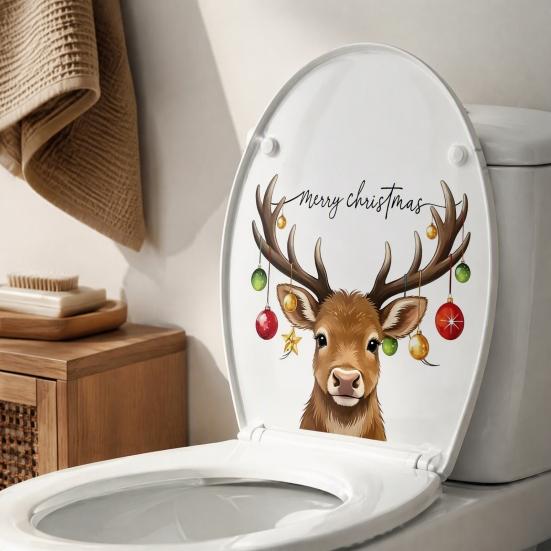 Festive Window Clings Christmas Elk Toilet Seat Cover Sticker, Cartoon Reindeer Lid Durable Waterproof Decals Decal, Self-Adhesive