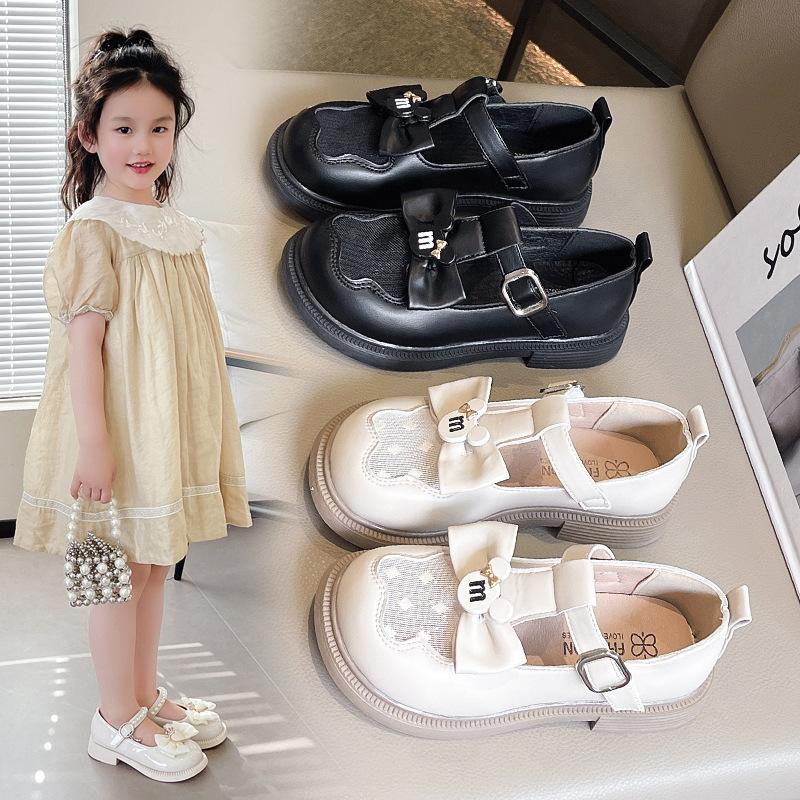 Mesh breathable girls' leather shoes 2025 spring and autumn new bow girls princess shoes children's soft-soled single shoes performance shoes