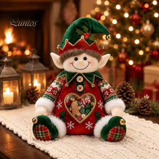 Plush Candy Storage Box Christmas Snack Bag, Clear Heart Window Doll with Back Zipper, Holiday Cookie Gift Soft Knitted Ornament Holder, Decorative