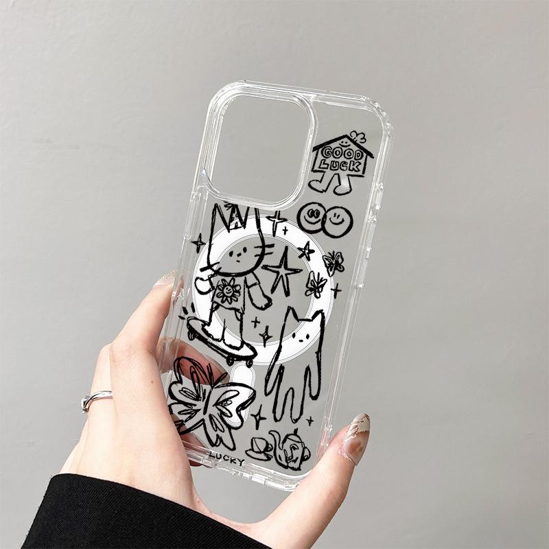 Cool Graffiti Cat Wireless Charging Case for iPhone 17 Air 16 E 15 14 Plus 13 12 Mini 11 Pro Max Transparent Silicone Edge Cover