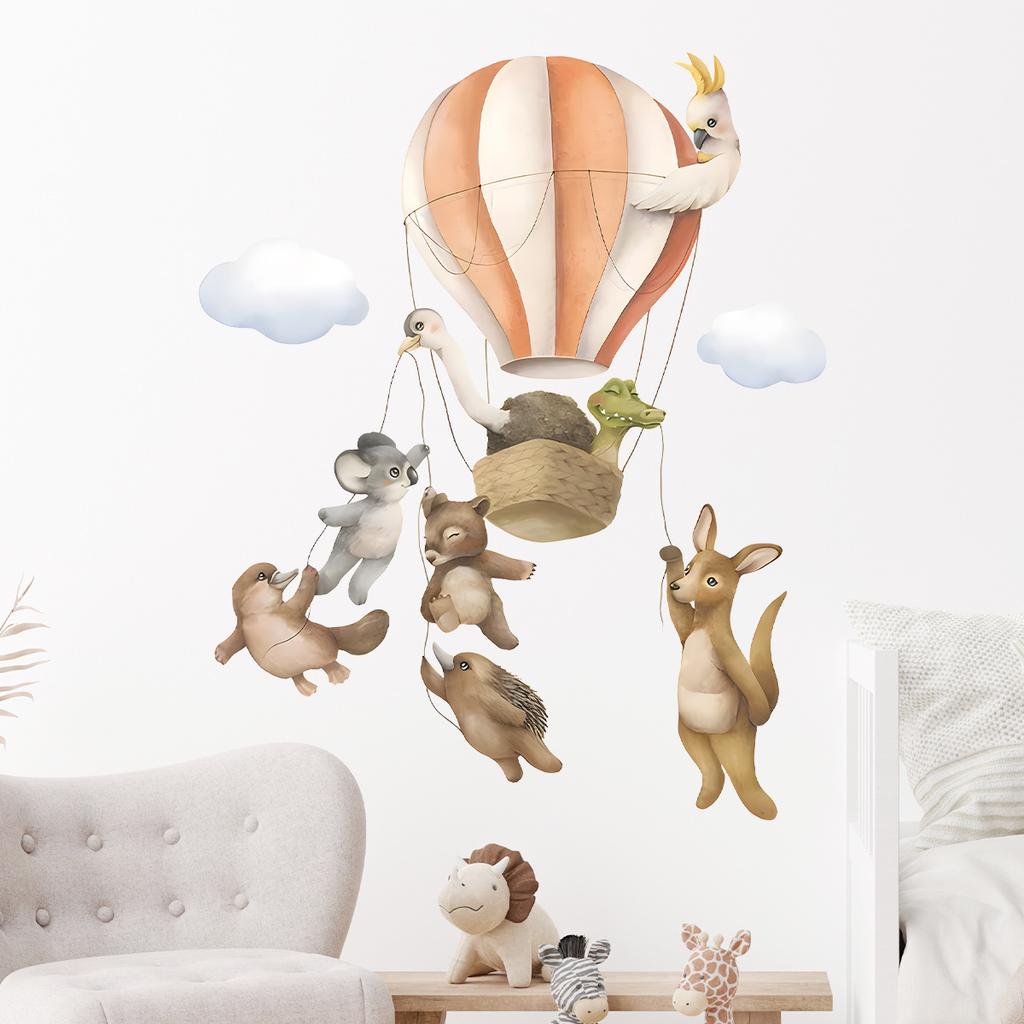 Cute Cartoon Animal Friends in Hot Air Balloon Wall Stickers, Self-Adhesive Adventure Decor for Kids Room Living Room Bedroom Decoration