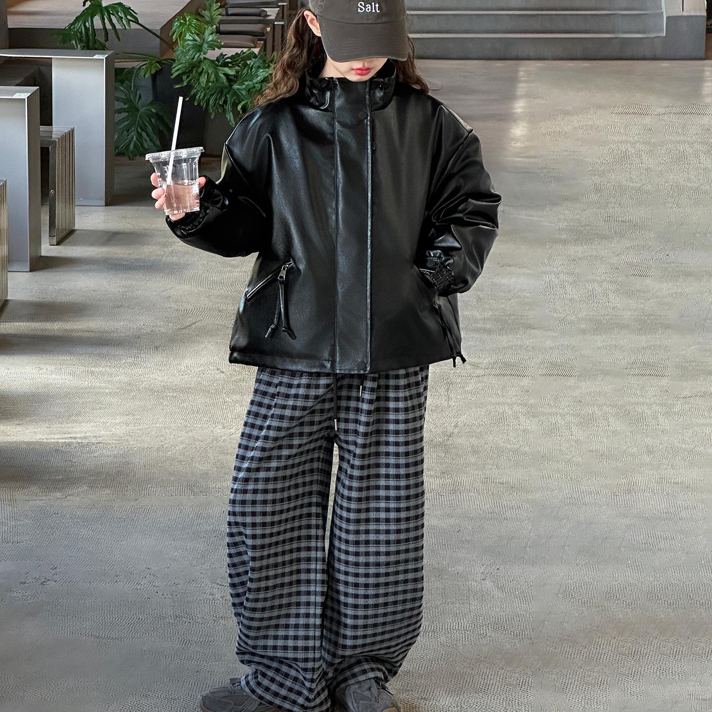 

Girls Stylish Korean Leather Jacket - 2025 Autumn/Winter Padded Coat for Big Kids 170 cm