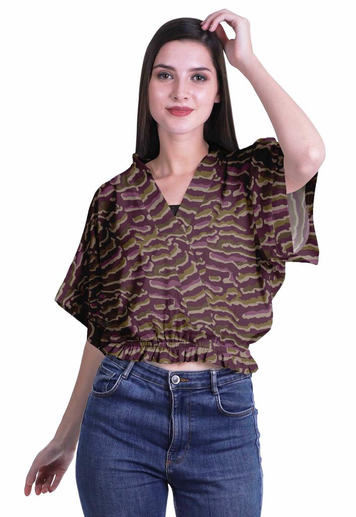Moomaya Printed Boxy Sleeve Tops For Women V-Neck Elastic WaistA  Kimono Top