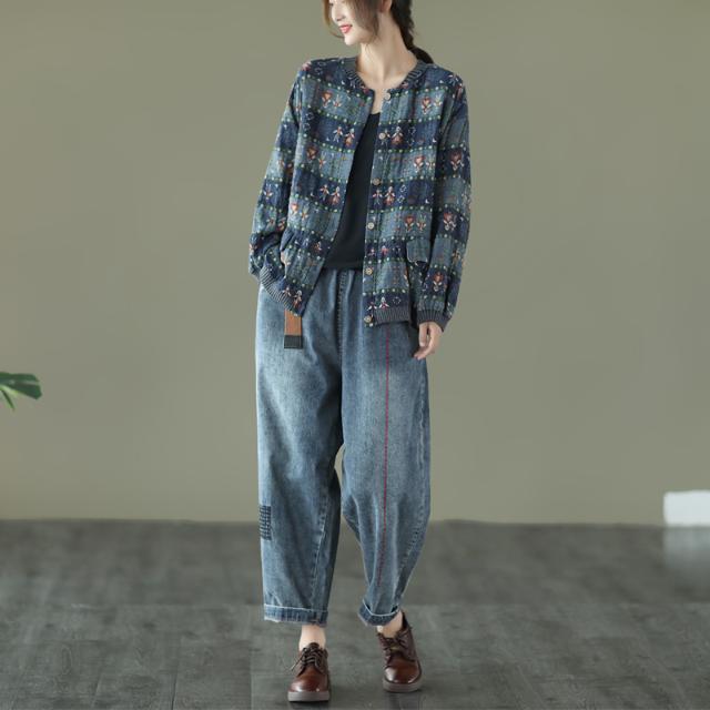 Women's Spring & Autumn Literary Retro Floral Long Sleeve Short Casual Loose Slimming Light Jacket Outerwear Top