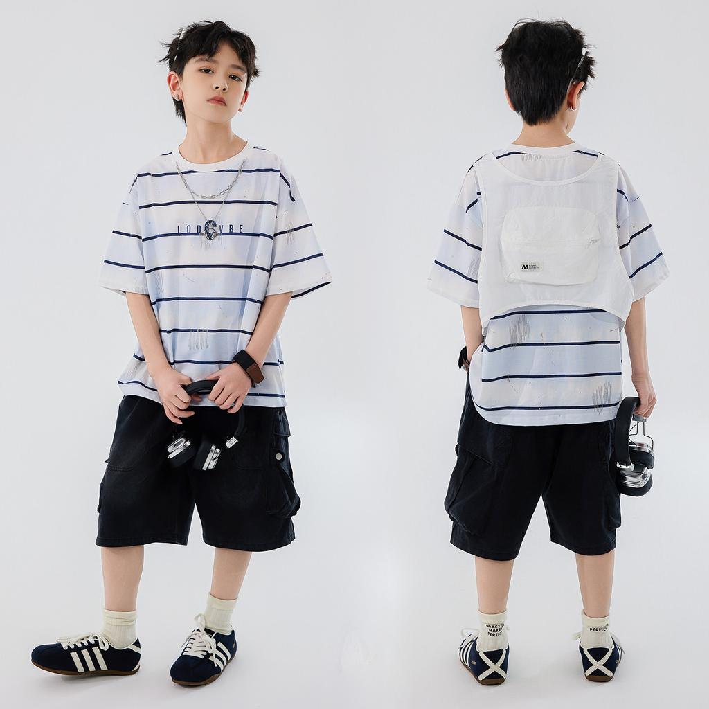 Boys' Short-sleeved Striped Summer Collection 2026 New Summer Mid to Large Boys' and Children's Casual Shorts Set Half Sleeve