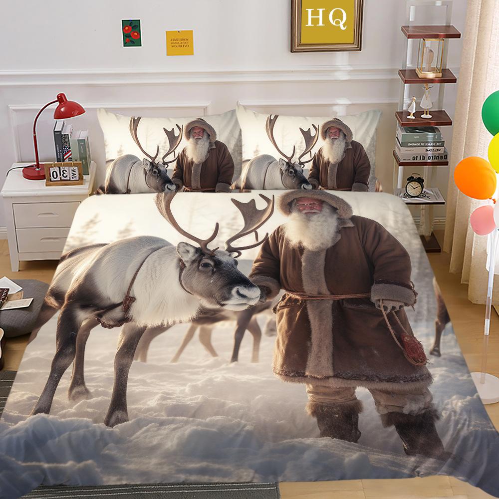 Christmas Carriage Snow Scene 3D Printed Polyester Pillowcase Quilt Cover Two Or Three-Piece Set Can Be