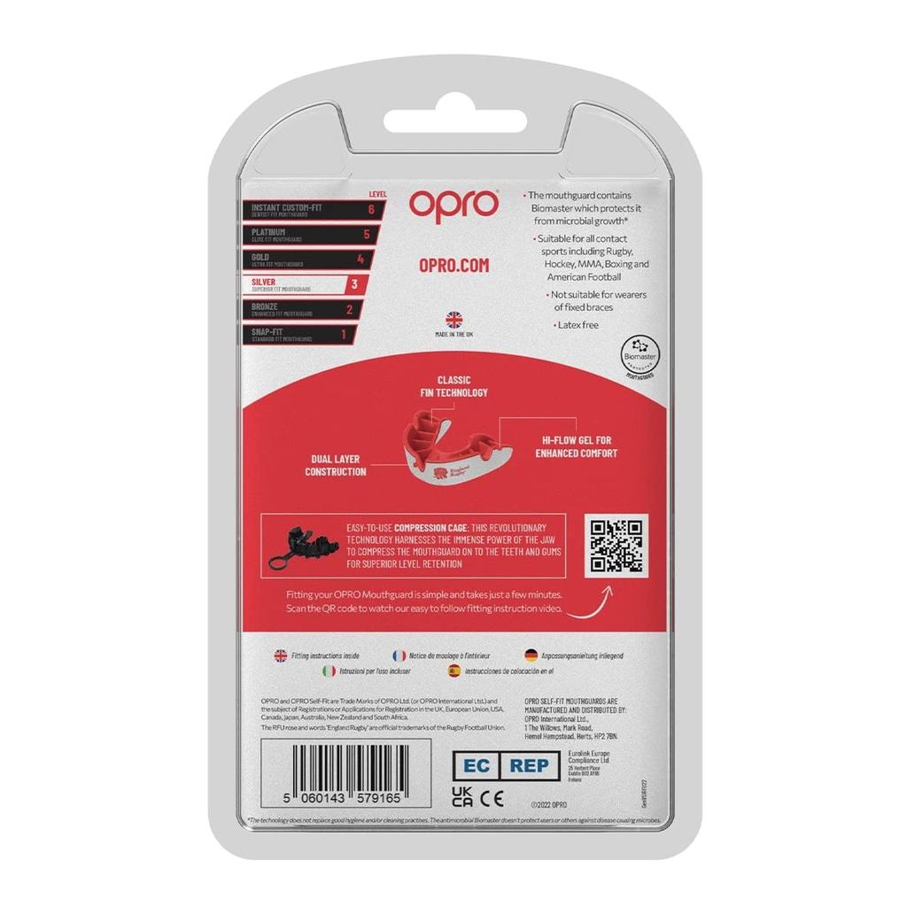 OPRO Mouthguard Sports Mouthpiece Made in England [Self-Fit/Silver Level/Licensed] [Official Store] (For Adults, England/White & Red)