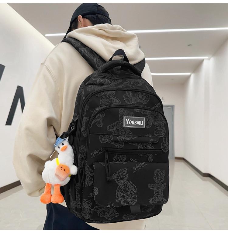 Large Capacity Bear Print Backpack for Students - Perfect for Middle, High School, and University Girls.