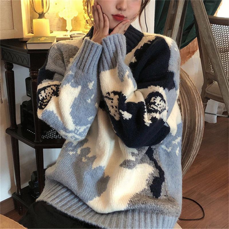 Sweet Blue Sky and White Clouds Top Bottoming Shirt Autumn and Winter Knitted Sweater Women