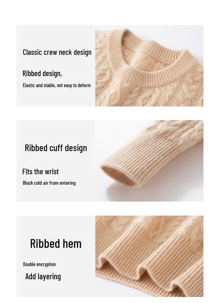 2026 Autumn/Winter Women's Cashmere Round Neck Cable Knit Sweater - Versatile, Loose, Slimming, Thick Knit.
