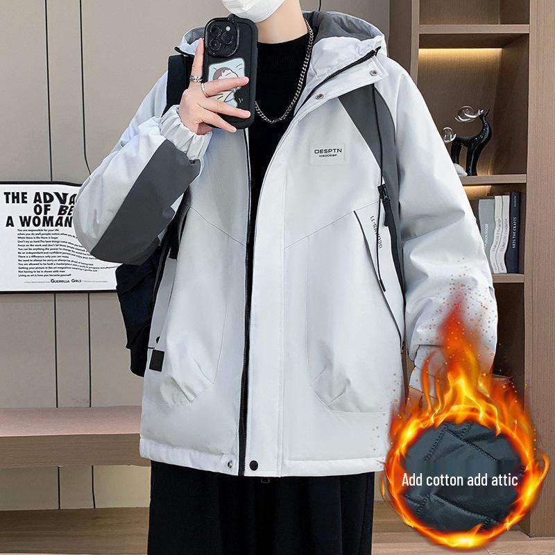 

Men s Fleece-Lined Contrast Hooded Windbreaker – Thickened, Warm, Casual Winter Jacket for Teens 4XL бежевый