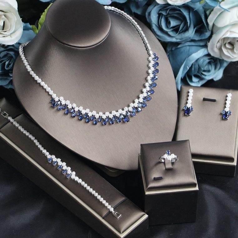 Korean Bridal Jewelry Set: Zircon Necklace, Earrings & Ring - Elegant Wedding Accessories