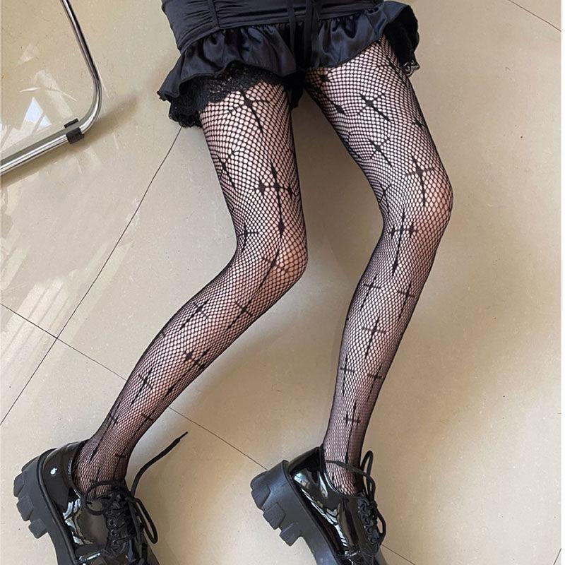 Women's Autumn Winter Thin Cross Jacquard Sexy Fishnet Hollow Slimming Lolita Versatile Pantyhose