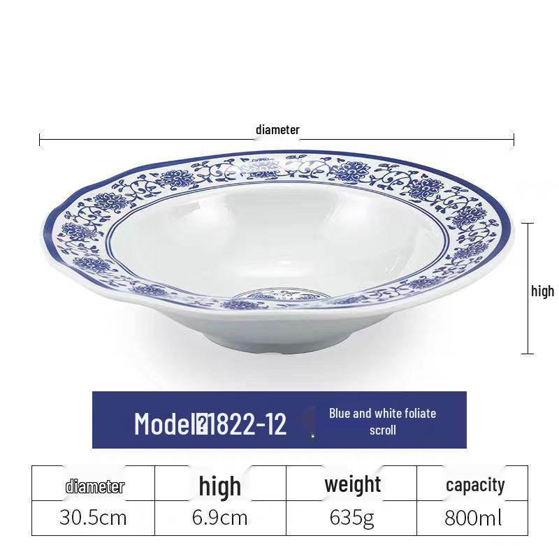Blue & White Melamine Soup Bowl - Commercial Porcelain Imitation, Large Plastic Basin for Hotels & Restaurants