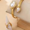 Vintage Baroque Imitation Pearl Jewelry Set for Women Metal Gold Color Open Cuff Bangle and Ring Party Daily Wear Jewelry Gift