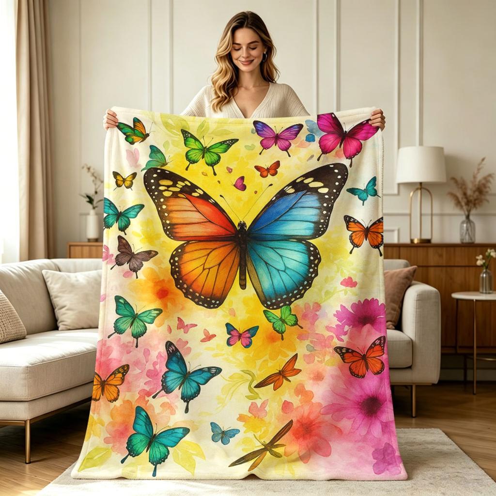 All Season Soft Flannel Throw Blanket with Watercolor Colorful Butterfly and Floral Print Lightweight Warm Cozy Blanket for Sofa Couch Bed Office Livi