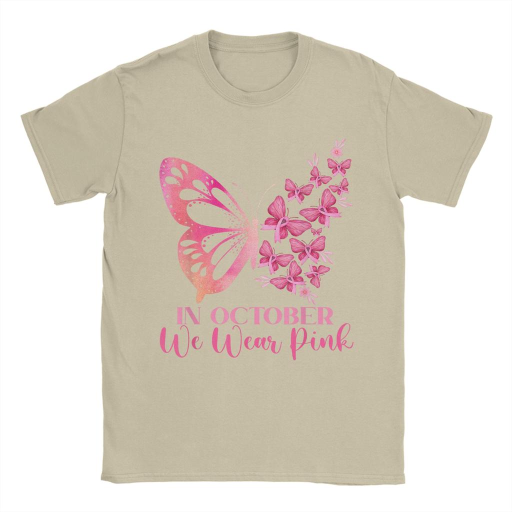 In October We Wear Pink Butterfly Breast Cancer Awareness Men T Shirts  Hipster Tee Shirt Short Sleeve Round Collar T-Shirt Tops