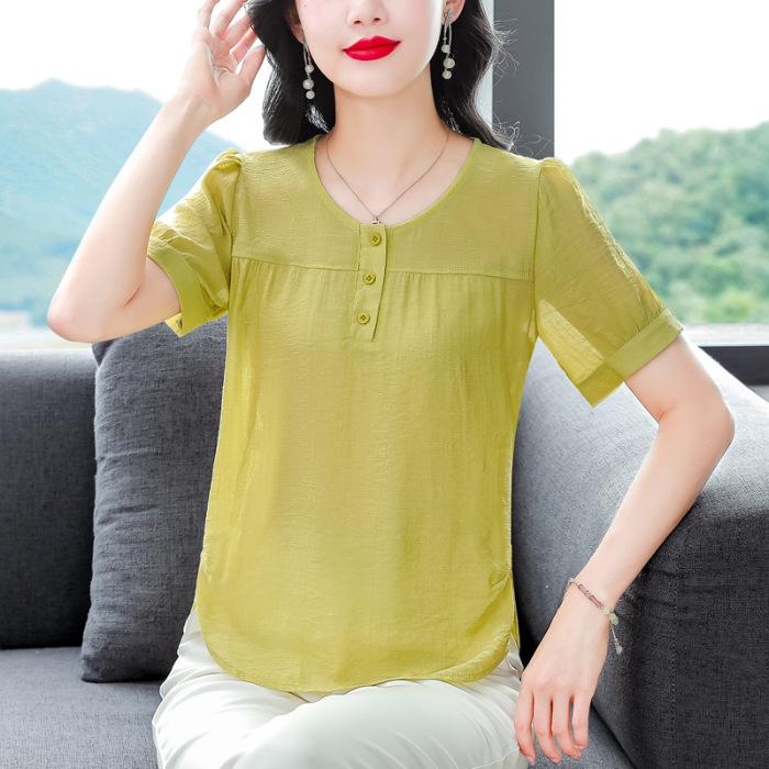 Short-sleeved Top for Women's In Summer New Round Neck Relaxed Fit Belly Covering Mother's Clothes Versatile Shirt