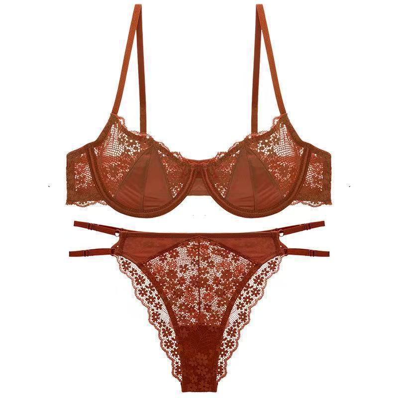 French Lace Half-Cup Bra Set: Ultra-Thin, Sexy Design for Enhanced Pure Desire and Anti-Sagging, Perfect for Big To Small Chest Transition.