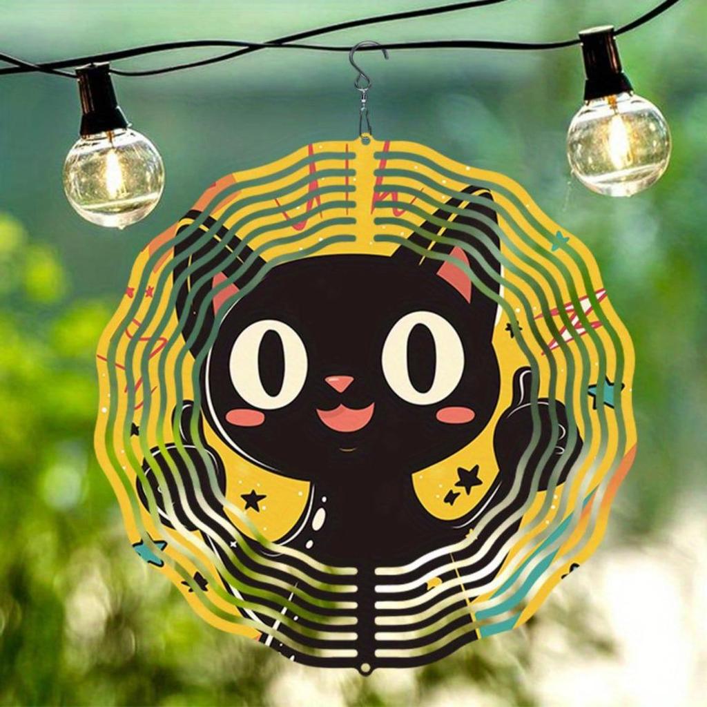 Cute Black Cat Wind Spinner Outdoor Decorative Kinetic Yard Art Hanging Wind Chime for Halloween Christmas Thanksgiving Durable Metal Garden Decor