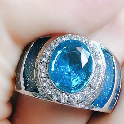 European and American Diamond Blue Crystal Engagement Ring European and American Blue Gem Dripping Ring
