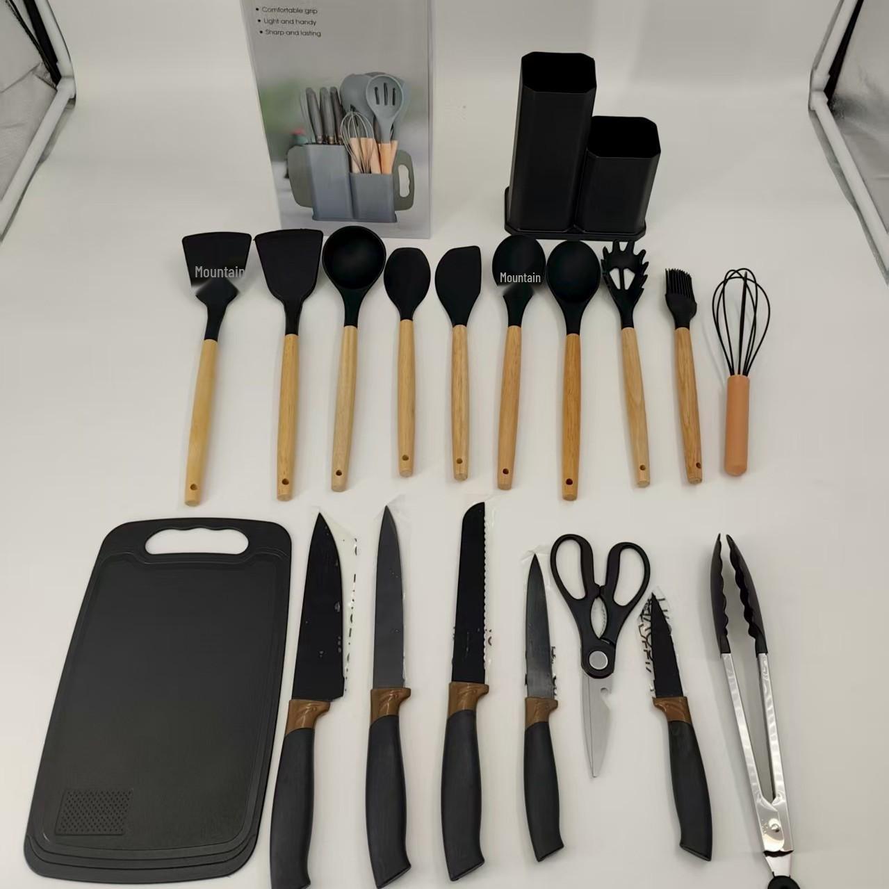 

19-Piece Silicone Kitchenware Set: Spoons, Tableware, Wooden Handles, Storage Bucket, for Cutting Vegetables and Meat.