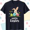 Happy Easter Black T-Shirt with White Blue Egg & Floral Design