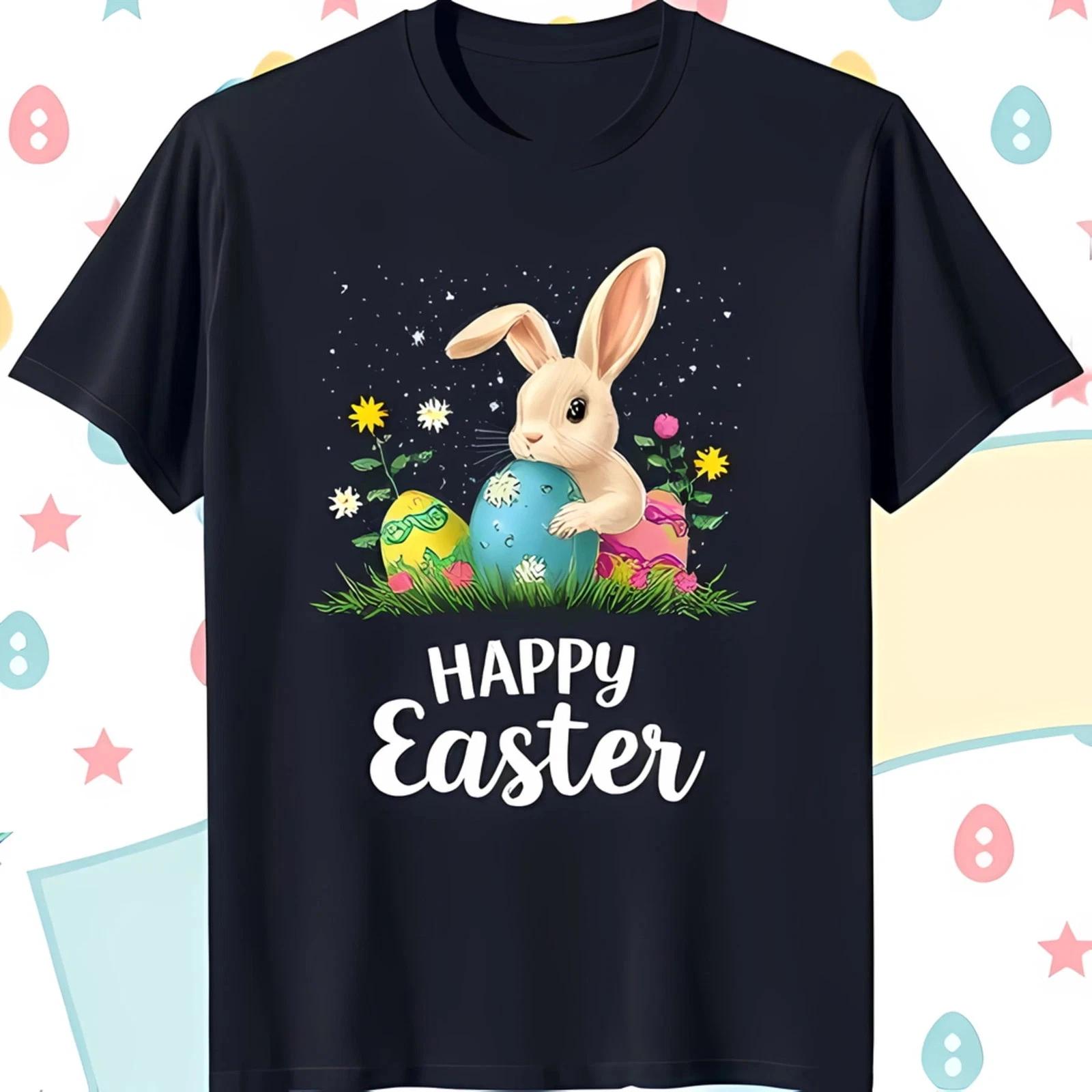 

Happy Easter Black T-Shirt with White Blue Egg & Floral Design L
