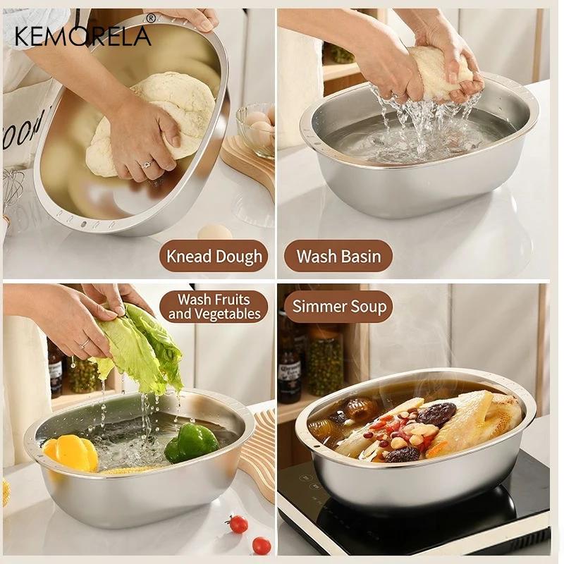 2 in 1 Stainless Steel Rice Washing Basin With Drain Net Oval Shape 304 Vegetable Washing Basin Kitchen Home Fruit Drain Basket