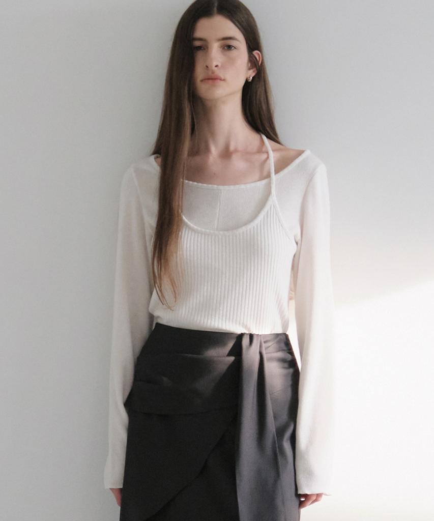 AWOKOMOSEU Ribbed Layered Halterneck T-Shirt (Ivory) Orc 6102