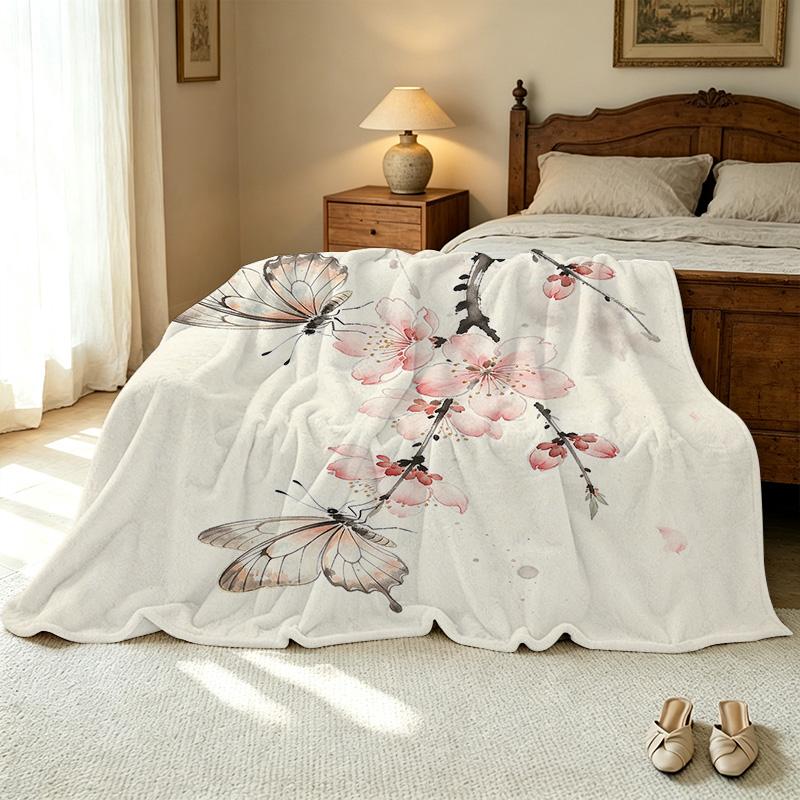 Soft High-Density Flannel Fleece Blanket, Ink Butterfly & Flower Pattern, Warm Cozy Home Decor for Halloween & Christmas