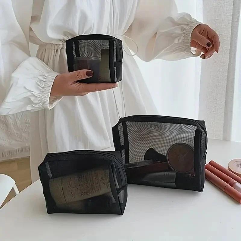 Wholesale Black Mesh Toiletry Bags Travel Makeup Bag Small Large Case Organizer Cosmetic Cases Toiletries Storage Handbag Pouch