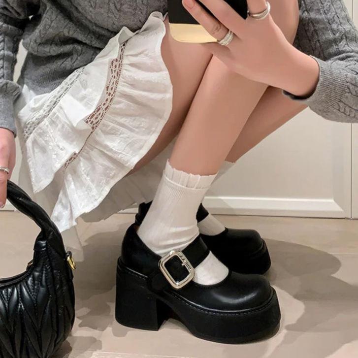 

Black French thick heel platform small leather shoes women s 2025 spring new heightening Mary Jane shoes small high heels 40