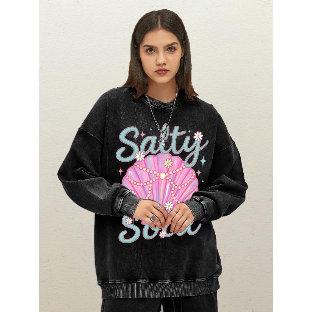 Salty Soul Beautiful Shell Design Womens Washed Sweatshirts Cotton Loose Pullovers Casual Streetwear Autumn Clothes