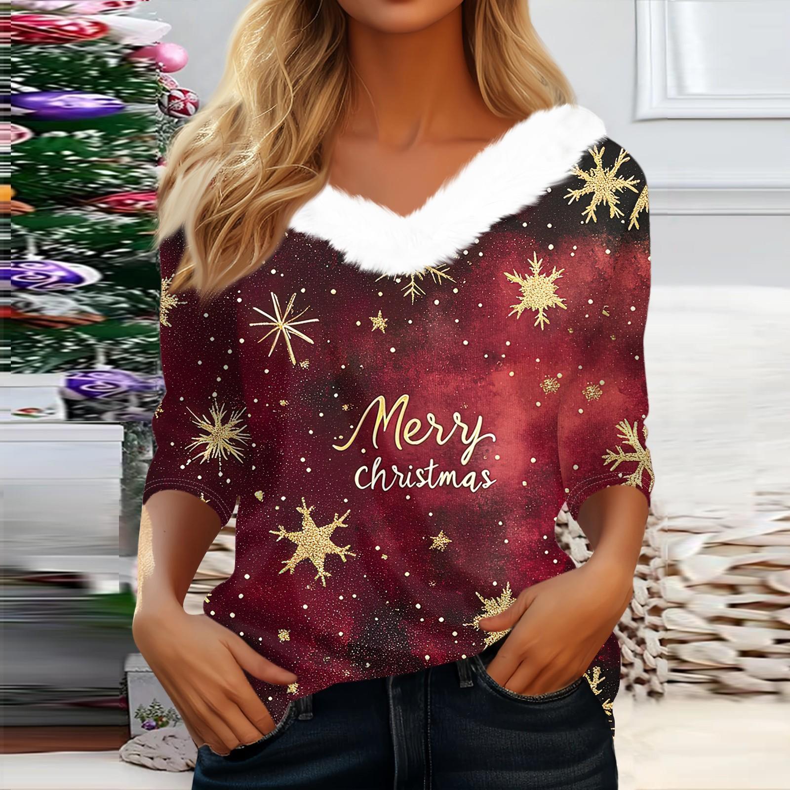 

Рубашки с рукавом 3/4 для женщин, рождественские футболки с графическим принтом, блузки, повседневные базовые топы на пуговицах больших размеров, пуловеры M