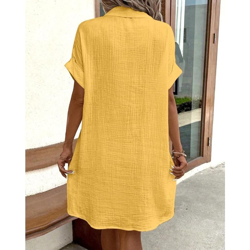VEZFAA Women's Fashion Summer Spring Solid Color Print Short Sleeve POLO Neck Loose Waistlinet Casual Dresses