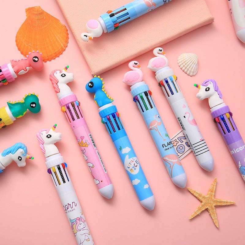 10 Colors Ballpoint Pen Cute Cartoon Dinosaur Color Retractable Pen Multicolor in 1
