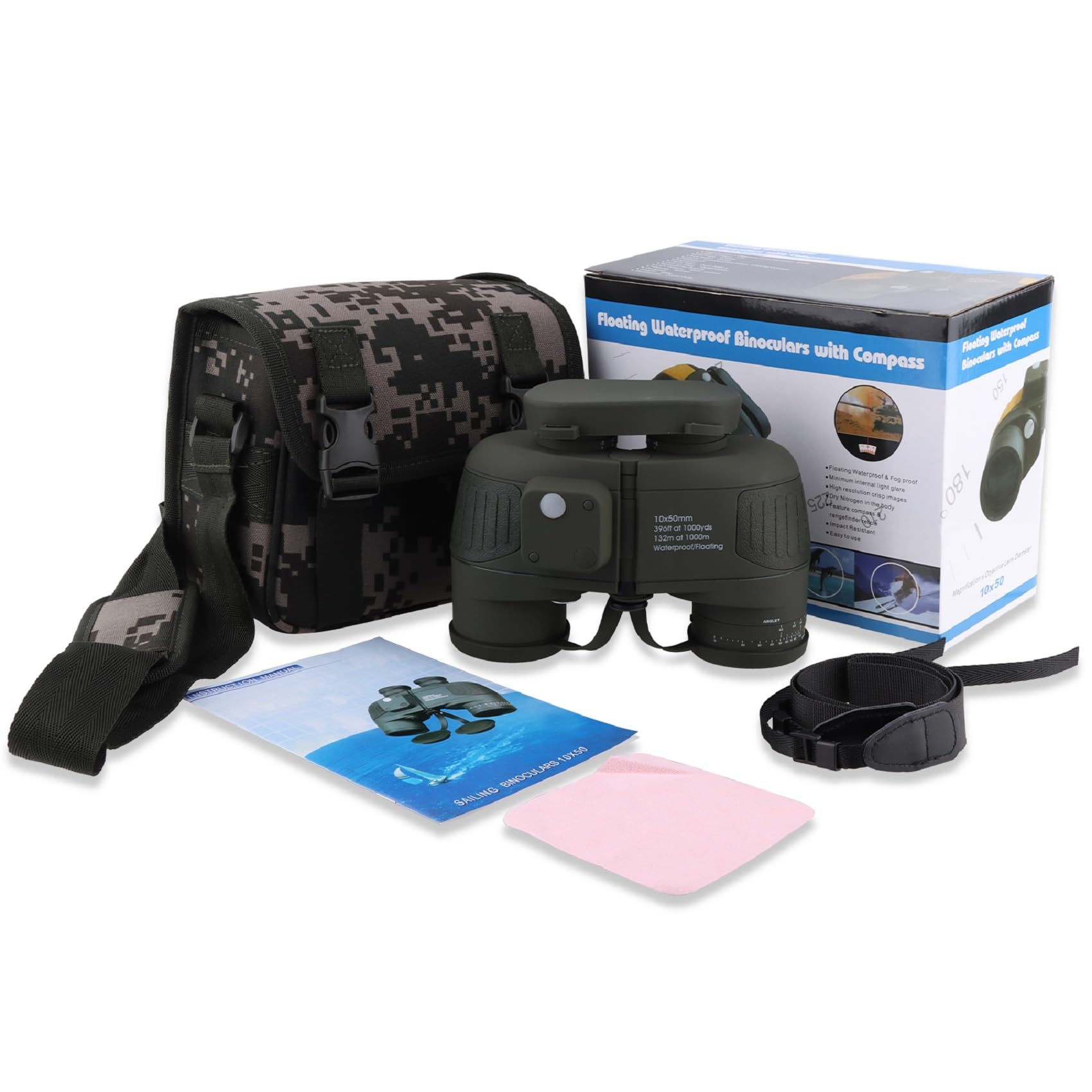 

FOCUHUNTER 10x50 Nautical Marine Telescope with Illuminated Distance Meter and Bag Strap Tripod BAK4 Military Bird Christmas Army Green Binoculars, зелений