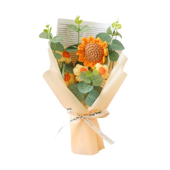 Crochet Flower Bouquet Handmade Knitted Positive Sunflower Artificial Yarn Flower Bouquet Gift for Mother's Day Valentine's Day Anniversary