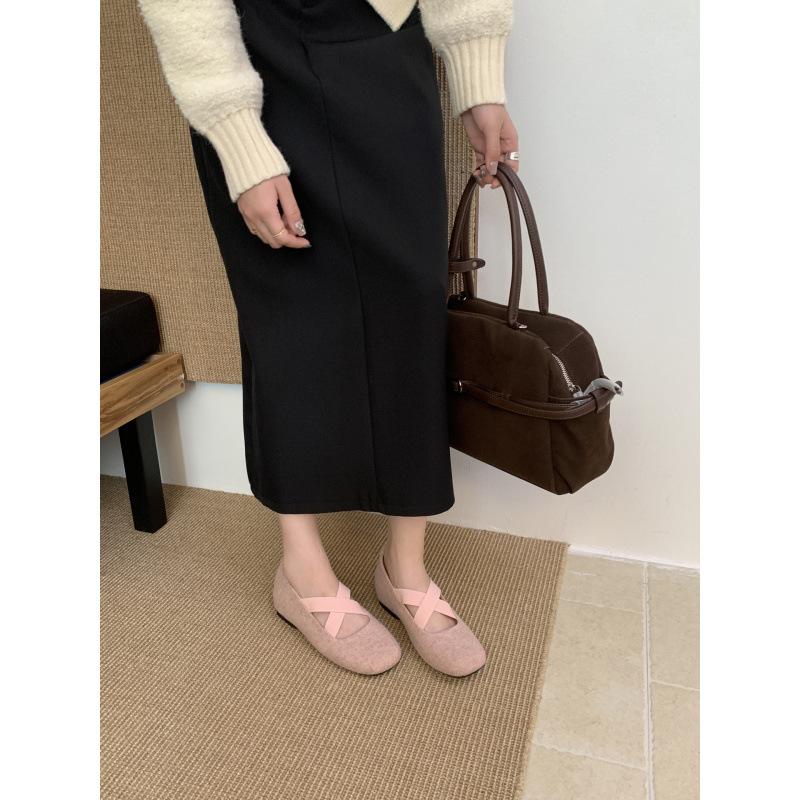 Woolen gray inner height increase single shoes with skirt Mary Jane shoes ballet French shoes spring and autumn soft women's shoes