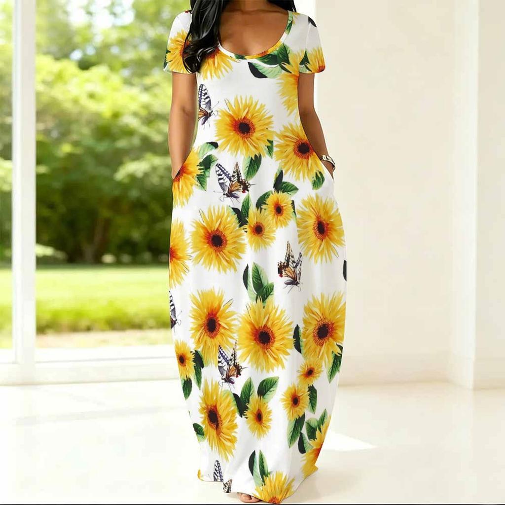 Summer Crew Neck Short Sleeve Loose Dress For Plus Size Women Household Wear