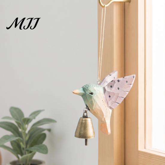 Eco Friendly Hanging Ornament Hand Carved Wooden Bird Wind Chime, Rustic Bell Decor Handmade Hummingbird Chimes with Rope, Wood Pendant for
